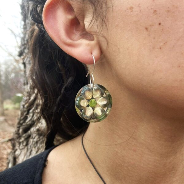 green corn earrings model up green corn and split pea earrings
